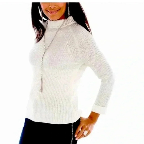 -Chico’s Sweater Metallic Silver and Cream Mock Zipper Neck Sweater Size Medium - Picture 2 of 13